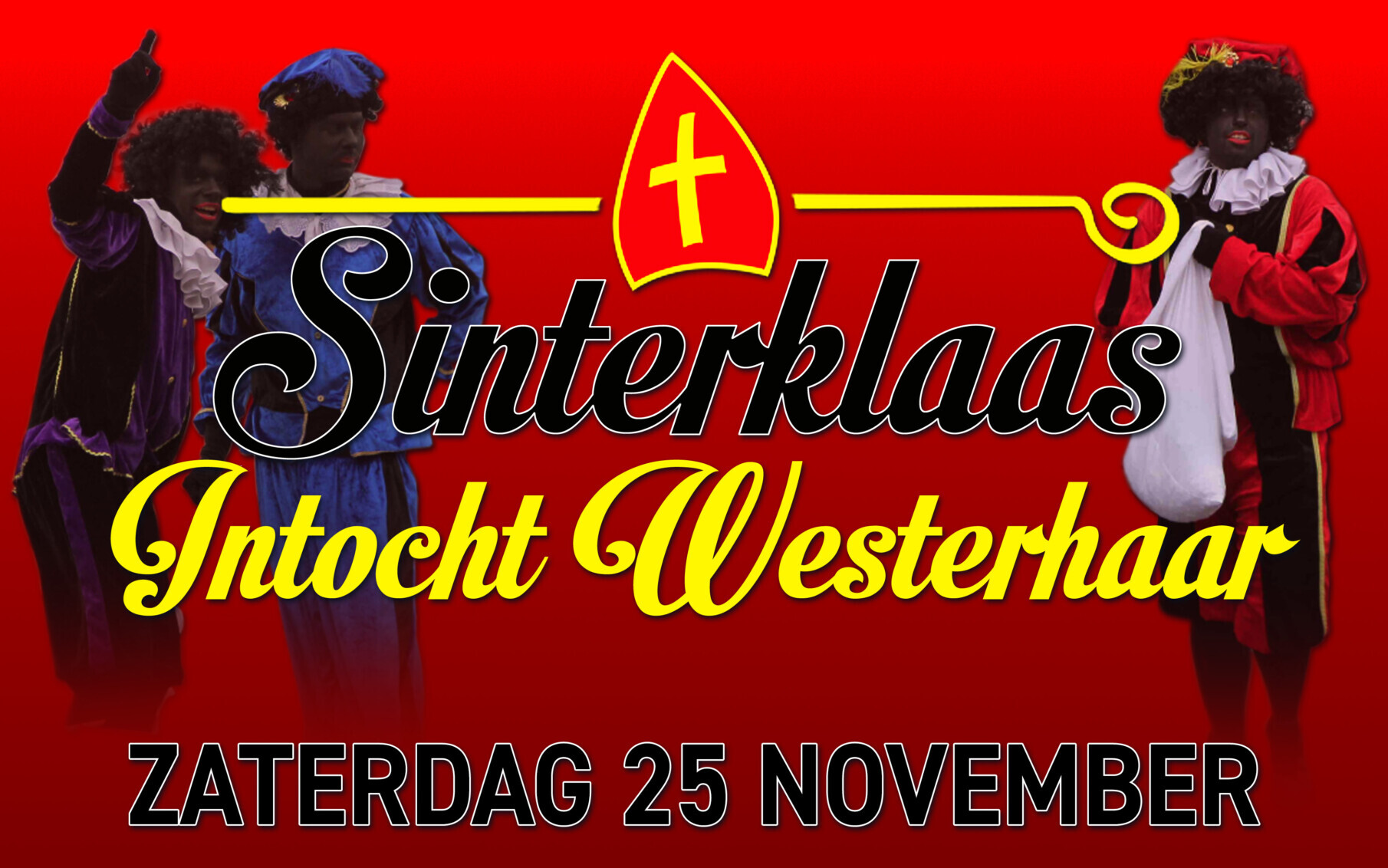 Poster van Sinterklaas Intocht Westerhaar, versierd met mijter en kromstaf.
