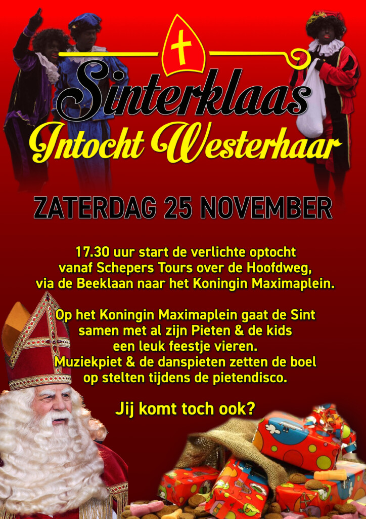Poster van Sinterklaas Intocht Westerhaar, versierd met mijter en kromstaf.